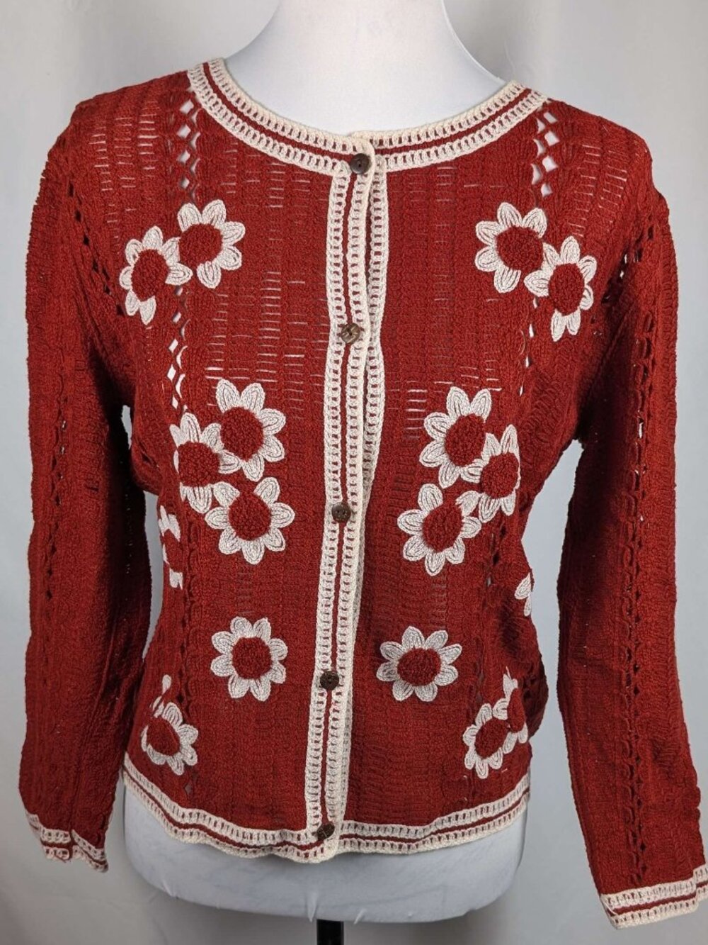NWT Sapphire Red/Ivory Open Knit Cardigan Sweater Size S, Lightweight, Daisy